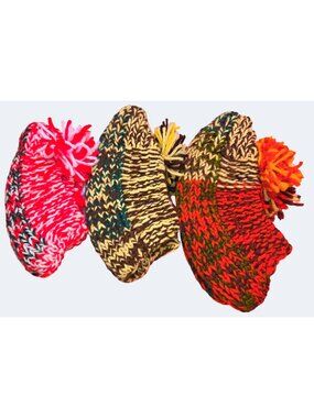 Lot Of 3 Handmade Vintage Knit Slippers With Pom-Poms Assorted Bright Colors Siz
